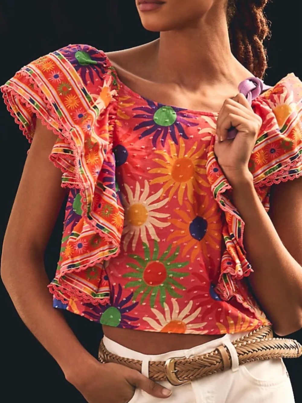 FARM Rio Coral Floral Ruffle Crop Top with Green & Yellow Accents